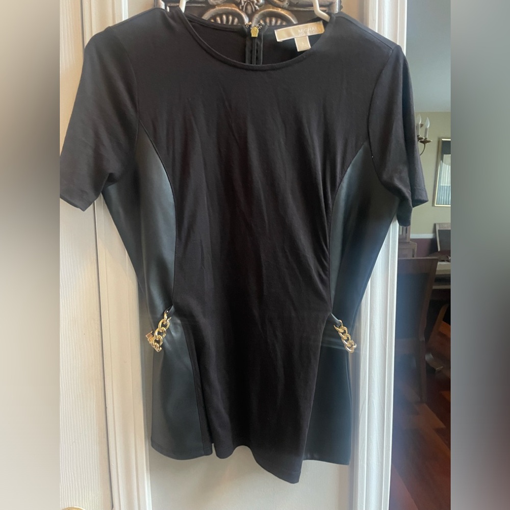 Michael Kors Black Short Sleeve Top with Gold Chain Accents